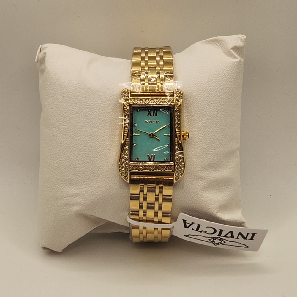 Invicta Wildflower Rectangle Gold Tone Quartz Watch with Turquoise Dial & Bling!